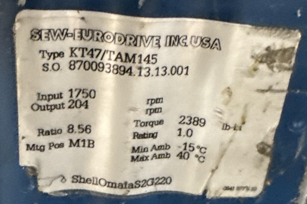 Marathon Y526 2HP Motor w/ Sew-Eurodrive KT47/TAM145 Right Angle Gear Reducer