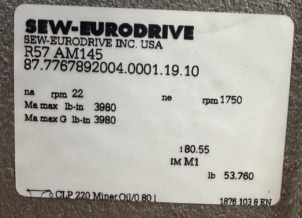 Sew-Eurodrive R57 AM145 Gear Reducer w/ Jaw Coupling Hub & Spider Size 165