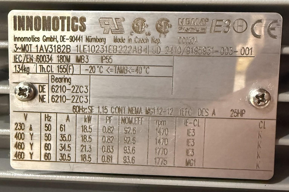 Innomotics 1AV3182B/1LE10231EB222AB4 25HP AC Motor IE3 3-Phase (Fan Damaged)