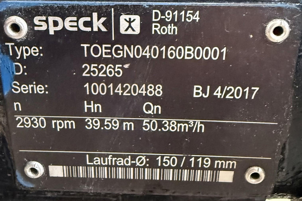 Speck Pumps TOEGN040160A0006 3500 RPM Thermal Oil Centrifugal Pump 50 m³/h 39m