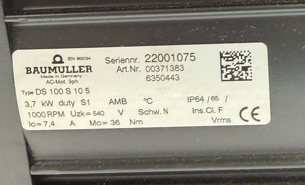 Baumuller DS 100 S 105 3PH Synchronous Motor 3,7 KW S1 IP64/65 1000 RPM