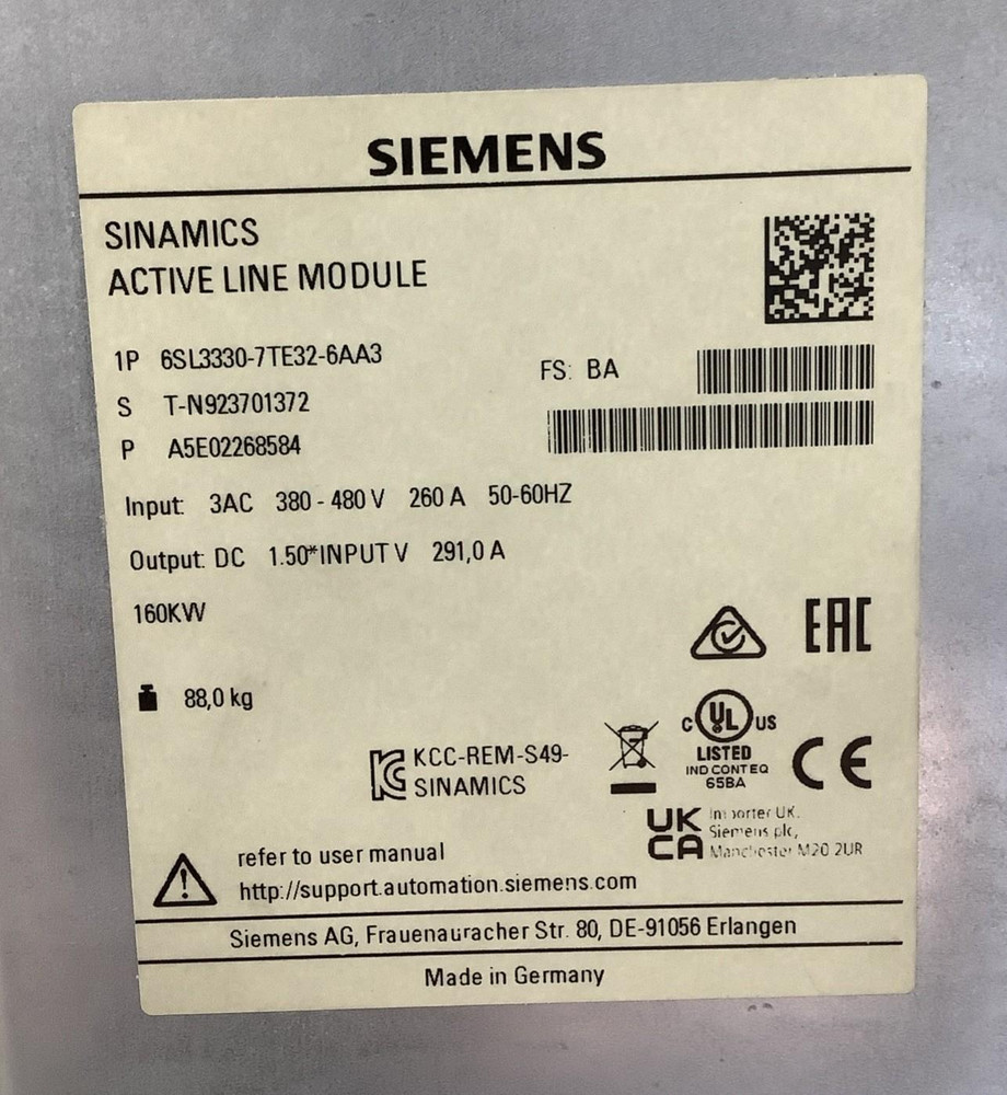 Siemens 6SL3330-7TE32-6AA3 SINAMICS S120 Active Line Module w/ No Panel Cover