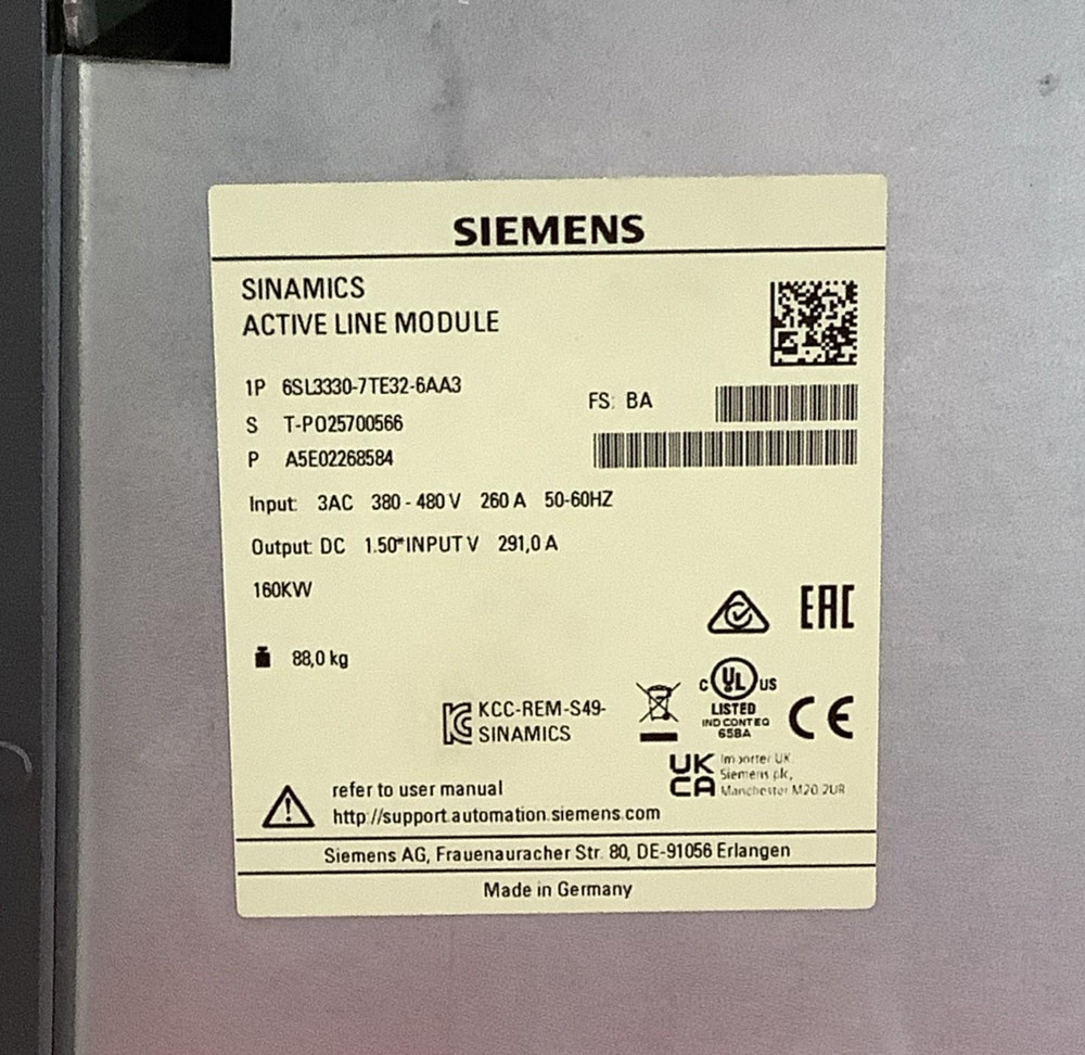 Siemens 6SL3330-7TE32-6AA3 SINAMICS S120 Active Line Module 160Kw 60Hz 3-PH