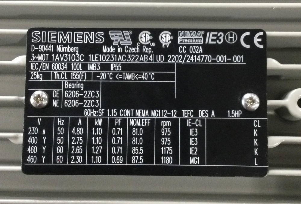 Siemens 1LE10231AC322AB4 1.5HP Motor 460V 3PH 1175RPM TEFC IE3 100L