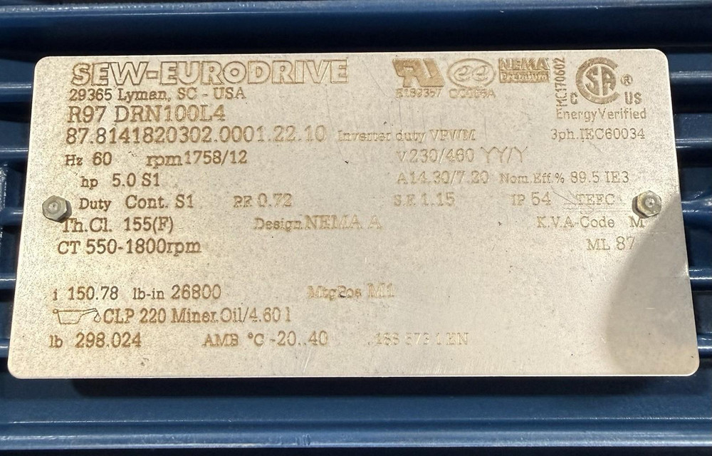 Sew-Eurodrive R97 DRN100L4 5HP Gearmotor 150.78 :1 230/460V 26800 lb-in