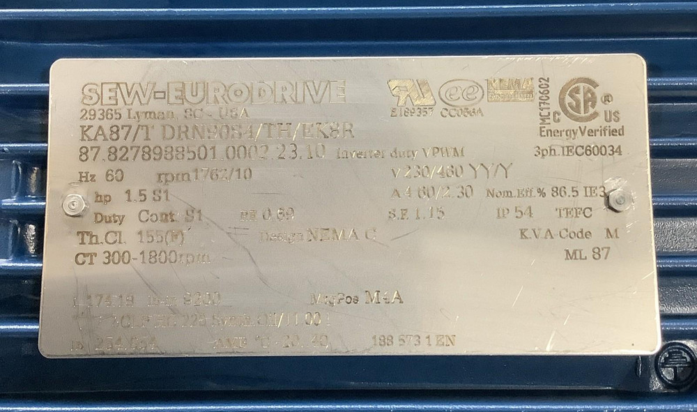 Sew-Eurodrive KA87/T DRN90S4/TH/EK8R 1.5HP Gearmotor 174.19:1 9200 lb-in