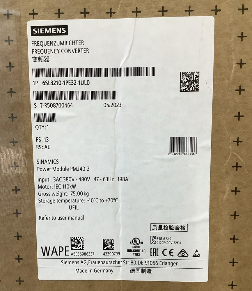 Siemens 6SL3210-1PE32-1UL0 110kW Sinamics PM240-2 480V Drive & Mounting Kit