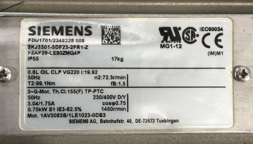 Siemens 2KJ3301-5DF23-2FR1-Z 0.75Kw Gearmotor 19.92:1 3PH FZAF29-LE80ZMQ4P IP55
