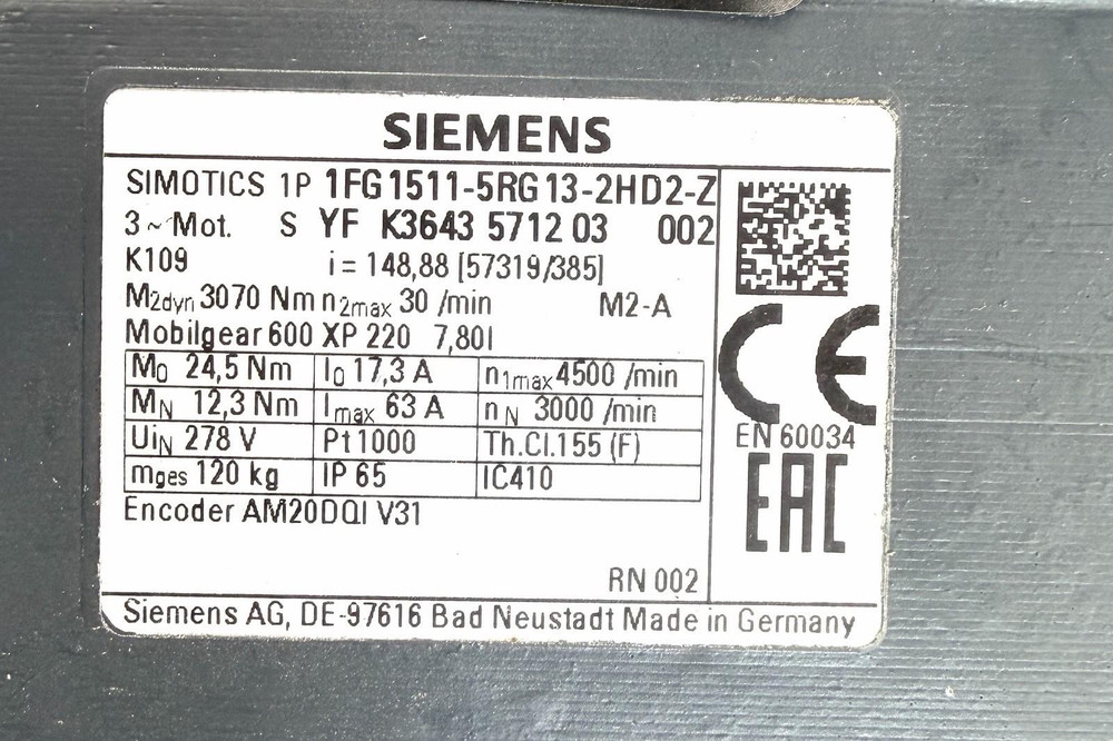 Siemens 1FG 1511-5RG 13-2HD2-Z + D12K06 Servo Gearmotor