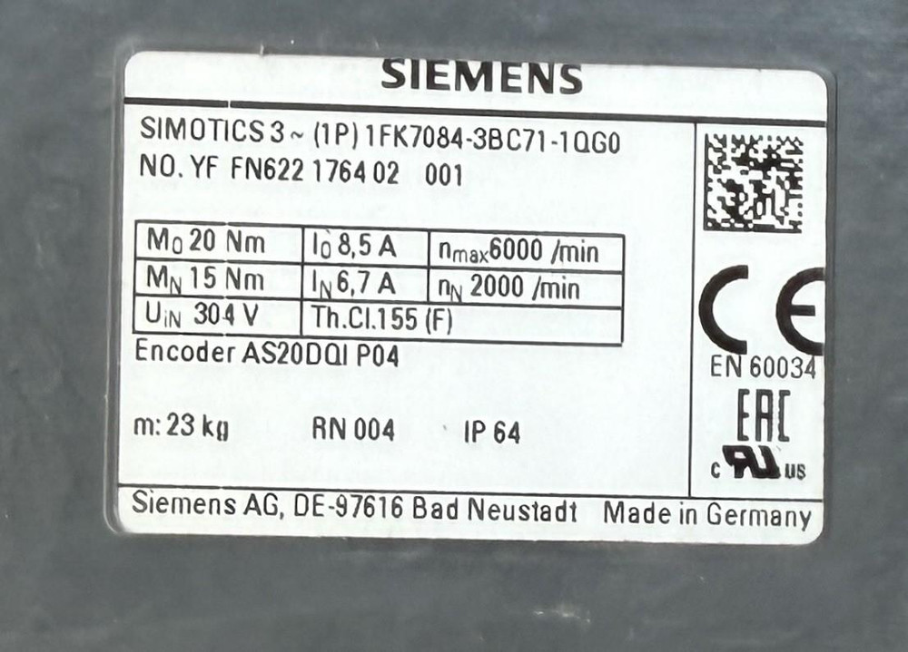 Siemens 1FK7084-3BC71-1QGO Servo Motor