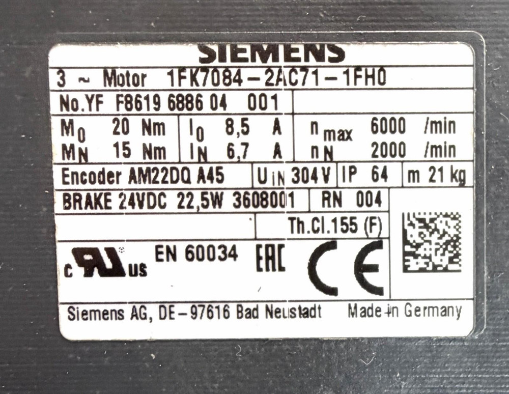 Siemens 1FK7084 - 2AC71 - 1FH0 Servo Motor