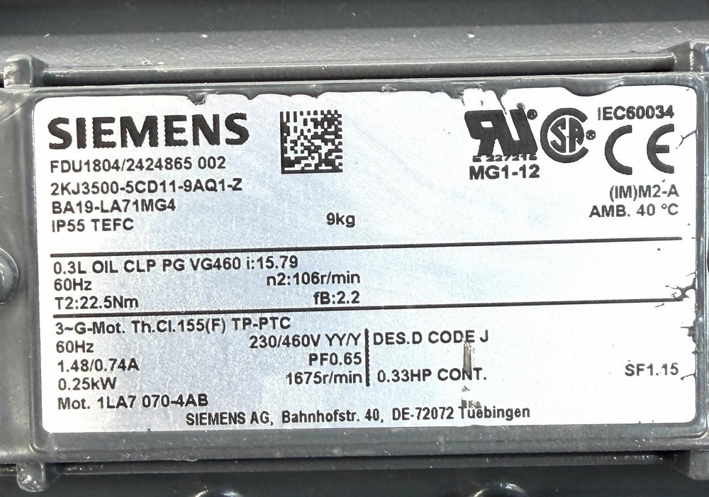 Siemens 2KJ3500-5CD11-9AQ1-Z Gearmotor