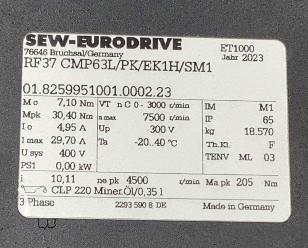 Sew-Eurodrive RF37 CMP63L/PK/EK1H/SM1 Servo Gearmotor 3-Ph 400V (Mo) 7.1 Nm