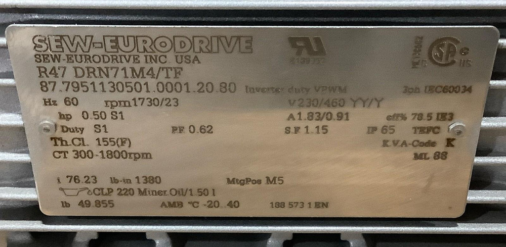 DMN Westinghouse AL 150 1 Rotary Airlock Valve w/ SEW R47 DRN71M4/TF 0.5HP Motor