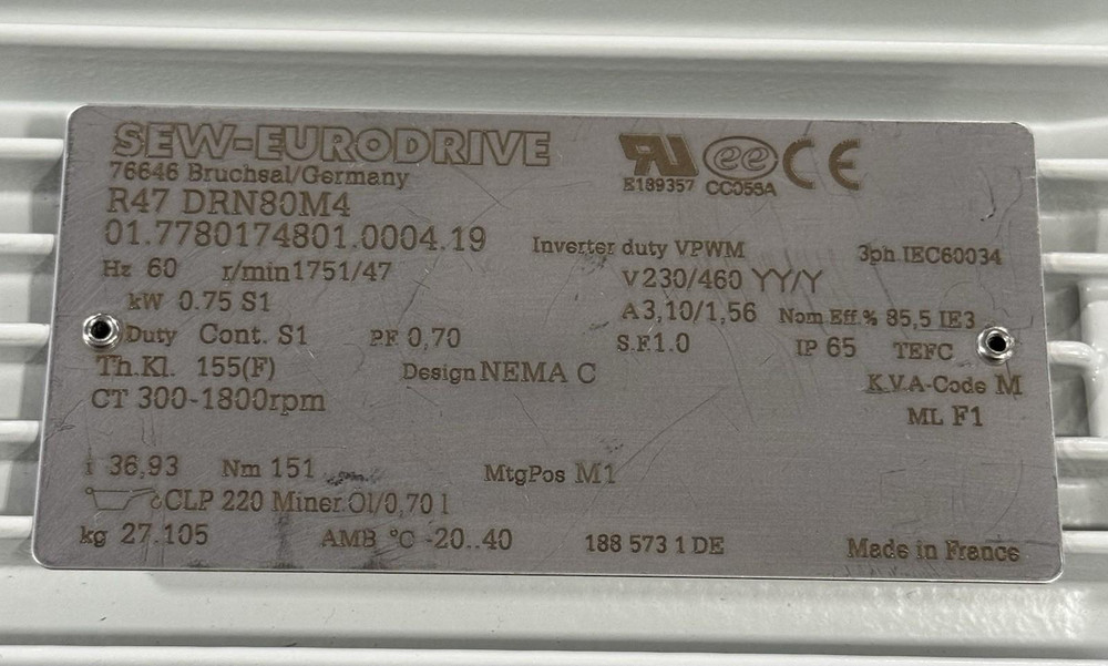 Sew-Eurodrive R47 DRN80M4 Gearmotor 0.75kW 36.93:1 3PH 230/460V