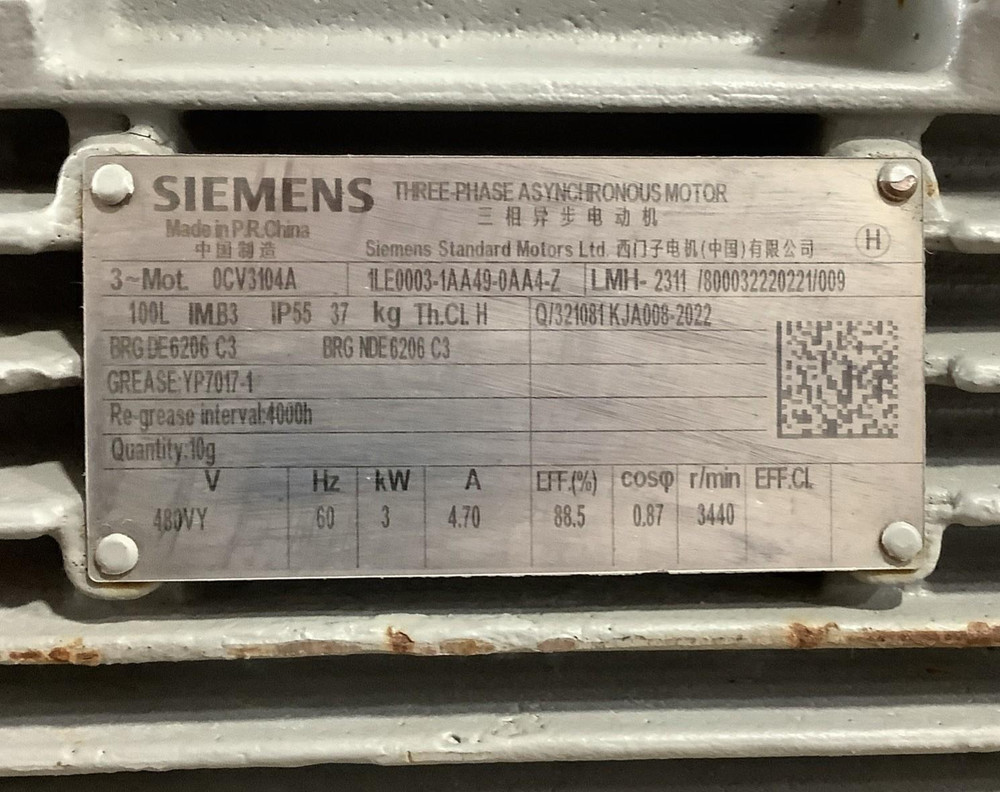 Siemens 1LE0003-1AA49-0AA4-Z 3kW Asynchronous Motor 3440RPM 3PH 100L IMB3 IP55