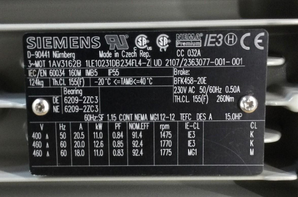 Siemens 1LE10231DB234FL4-Z 15HP Motor w/ Kubler Encoder 8.5020.0064.1024.S222
