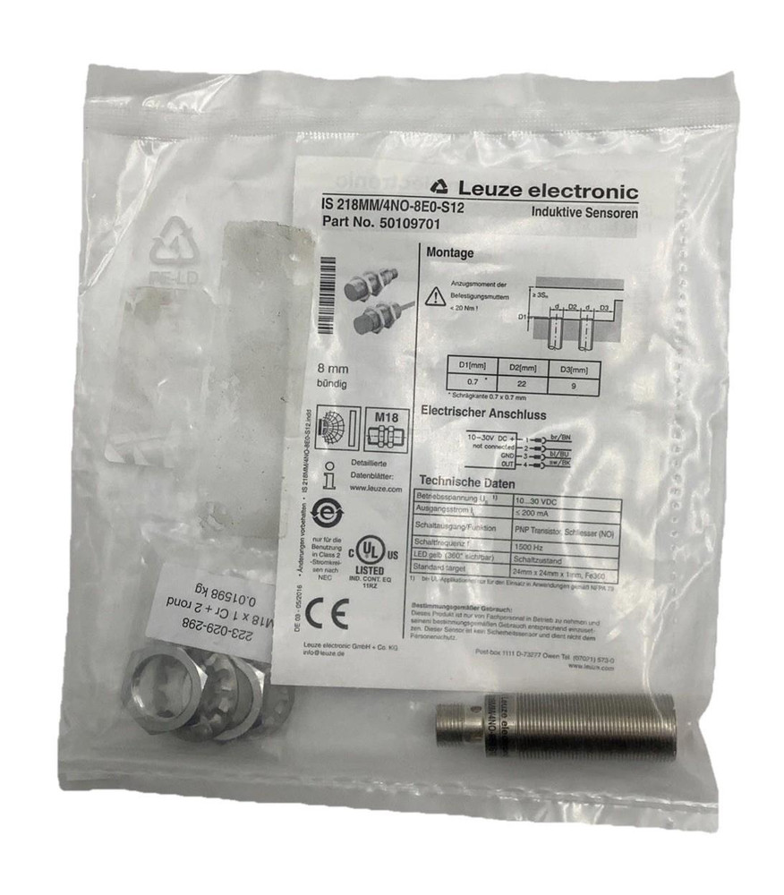 Leuze IS 218MM/4NO-8E0-S12 Inductive Switch 8mm M18 10-30VDC