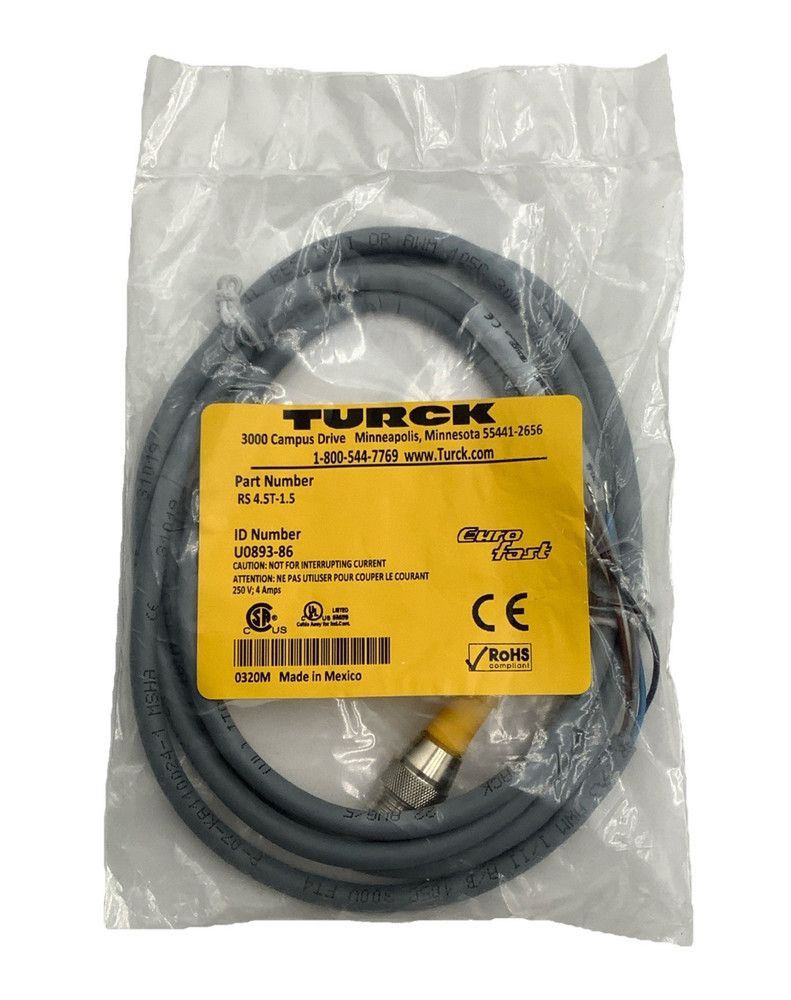 Turck RS 4.5T-1.5 Eurofast M12 Cordset 5-Wire 1.5M