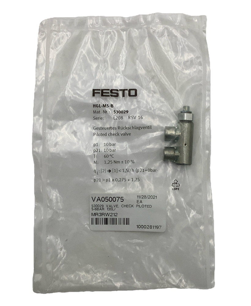 Festo HGL-M5-B Piloted Non Return Valve 0.5-10Bar