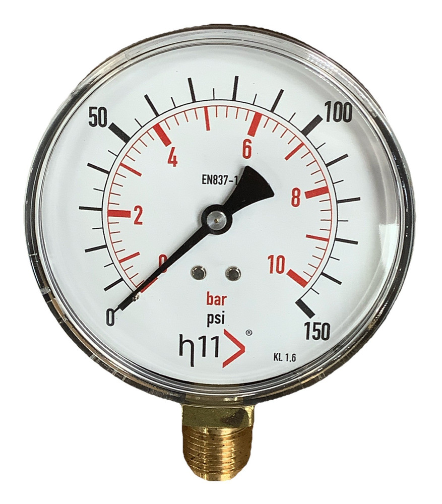 Heat11 Bourdon Tube Pressure Gauge 0–10Bar 100mm 0-150PSI Bottom mount