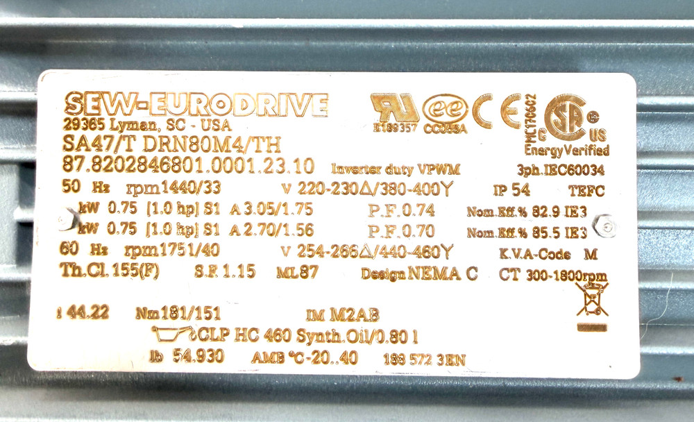 SEW-EURODRIVE SA47/T DRN80M4/TH Gearmotor