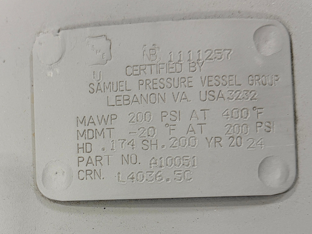 Samuel A10051 Air Receiver Tank, Vertical Tank, 200 gal Tank, 200 psi Pressure