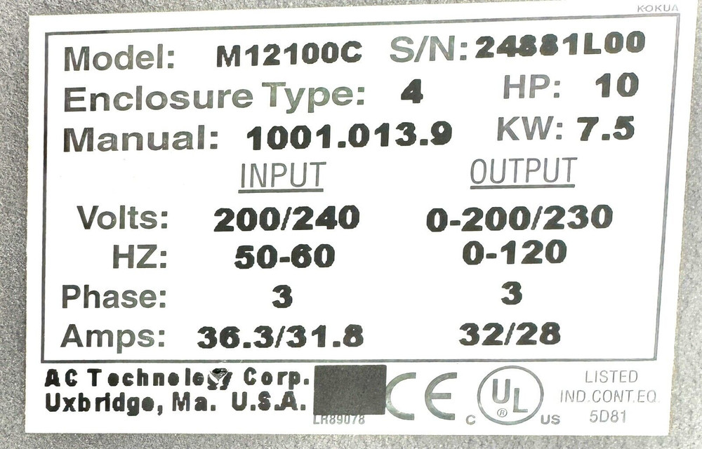 AC TECH M12100C Variable Frequency Drive 240 VAC 3- Phase, 10HP
