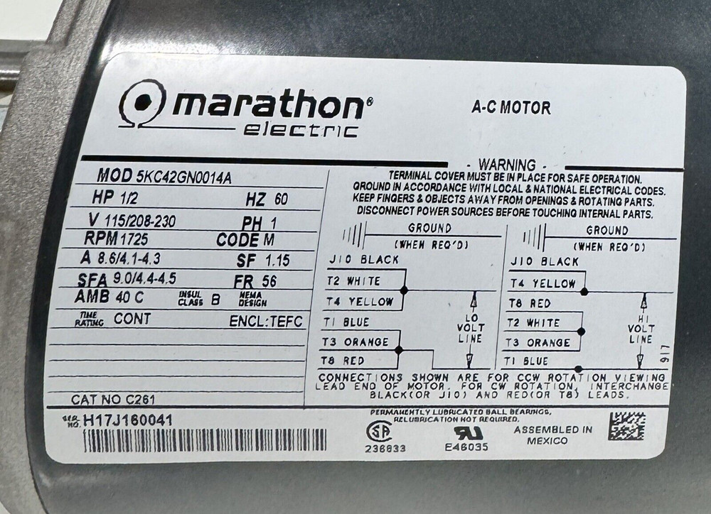 Marathon 5KC42GN0014A 1/2 HP Motor