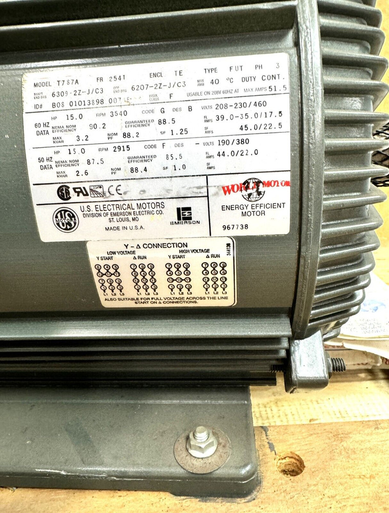 US Motors 15HP Motor Model T787A, 3540RPM,FRAME 254T
