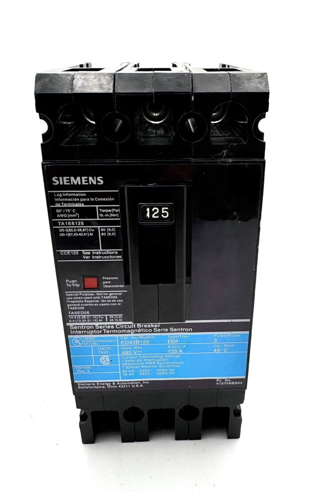 Siemens ED43B125 Circuit Breaker 480V 125Amp 3Poles Siemens ED43B125 Circuit Breaker 480V 125Amp 3Poles