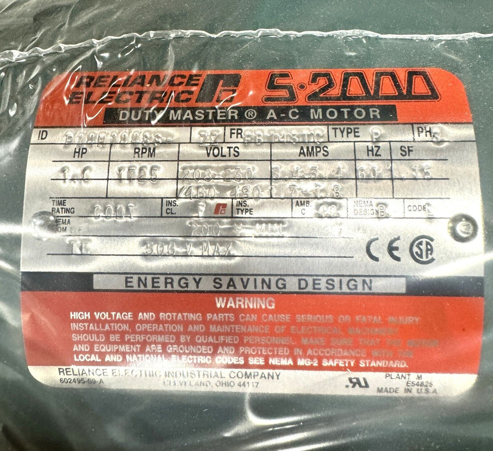 Reliance P14H1448S AC Motor, 1HP 1725RPM FR: FB143TC