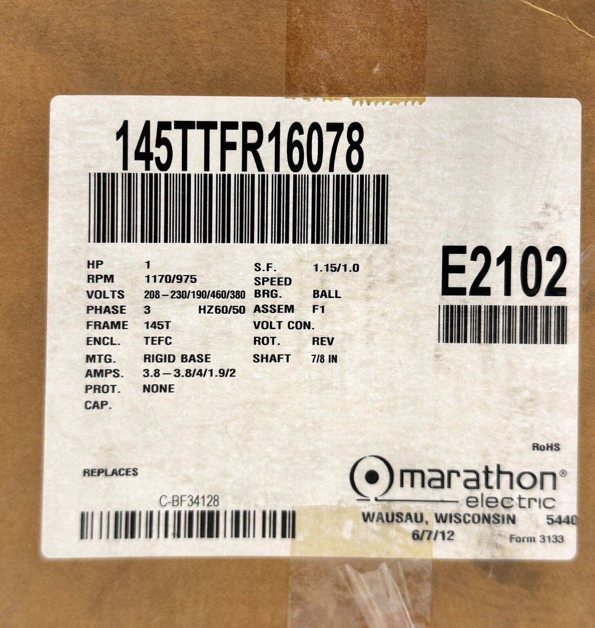Marathon 145TTFR16078 1 HP Motor