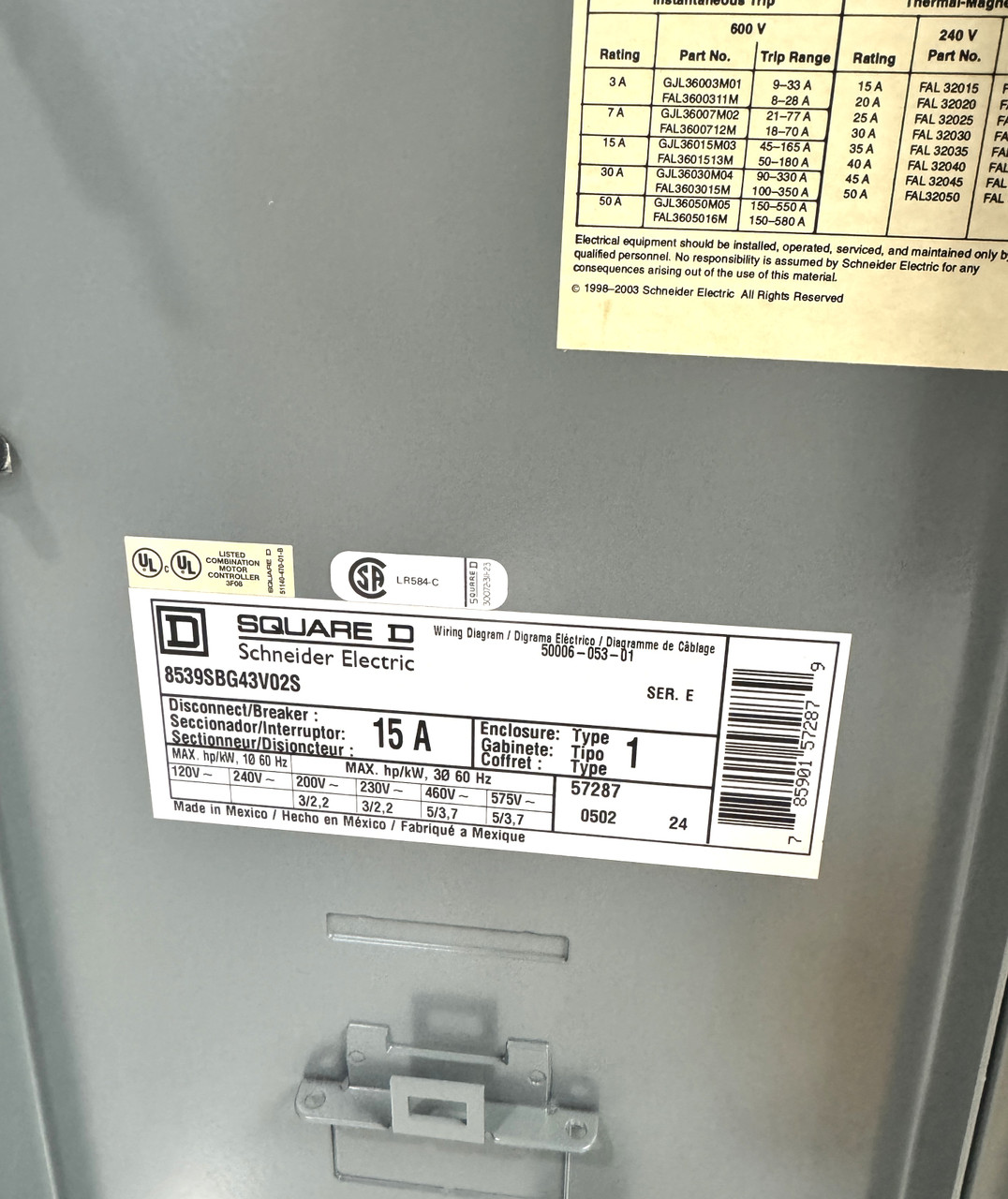 Square D 8539SBG43V02S  Disconnect Breaker Combo Motor Starter