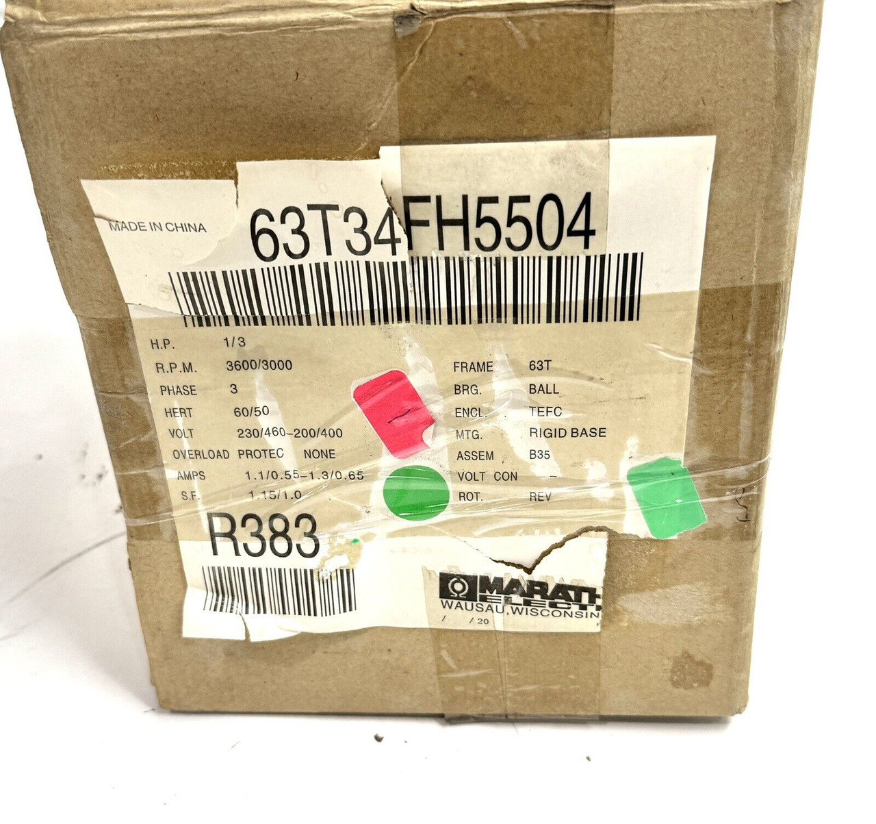 Marathon Electric Motor Model 63T34FH5504 HP 1/3 R383