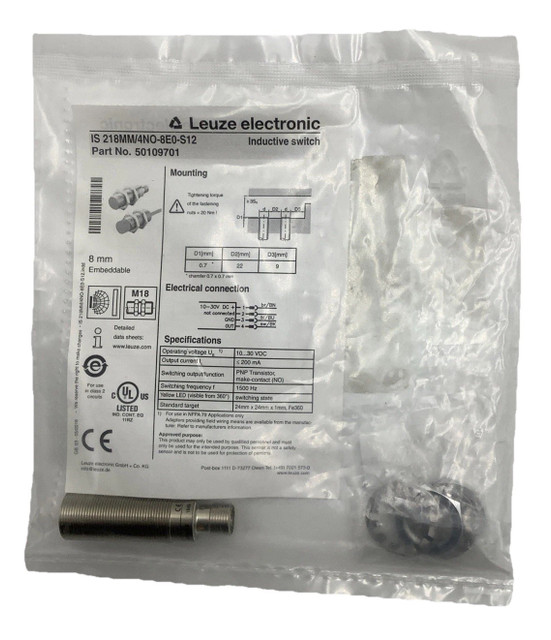 Leuze IS 218MM/4NO-8E0-S12 Inductive Switch 8mm M18 10-30VDC