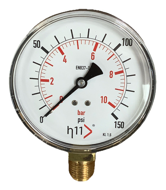 Heat11 Bourdon Tube Pressure Gauge 0–10Bar 100mm 0-150PSI Bottom mount