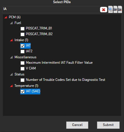 DataViewer 2 Select PIDs dialog — search and check the channels when live-streaming from a PC