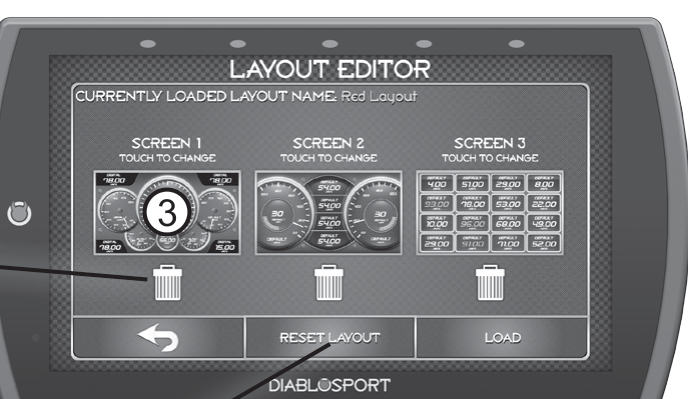 Trinity 2 Layout Editor — the three gauge layouts, each one touch-to-change