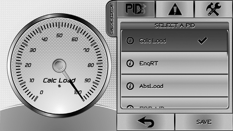 Select A PID — the check mark shows the active channel; the (i) icon explains what it measures. Press Save