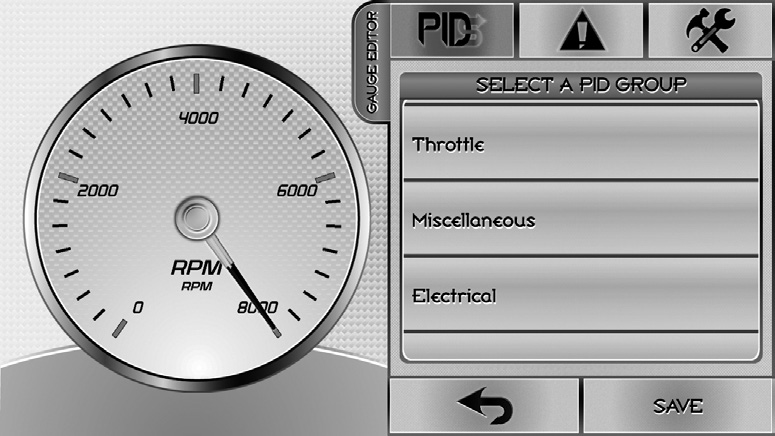 Double-tap a gauge, then Select A PID Group (Throttle, Miscellaneous, Electrical and so on)