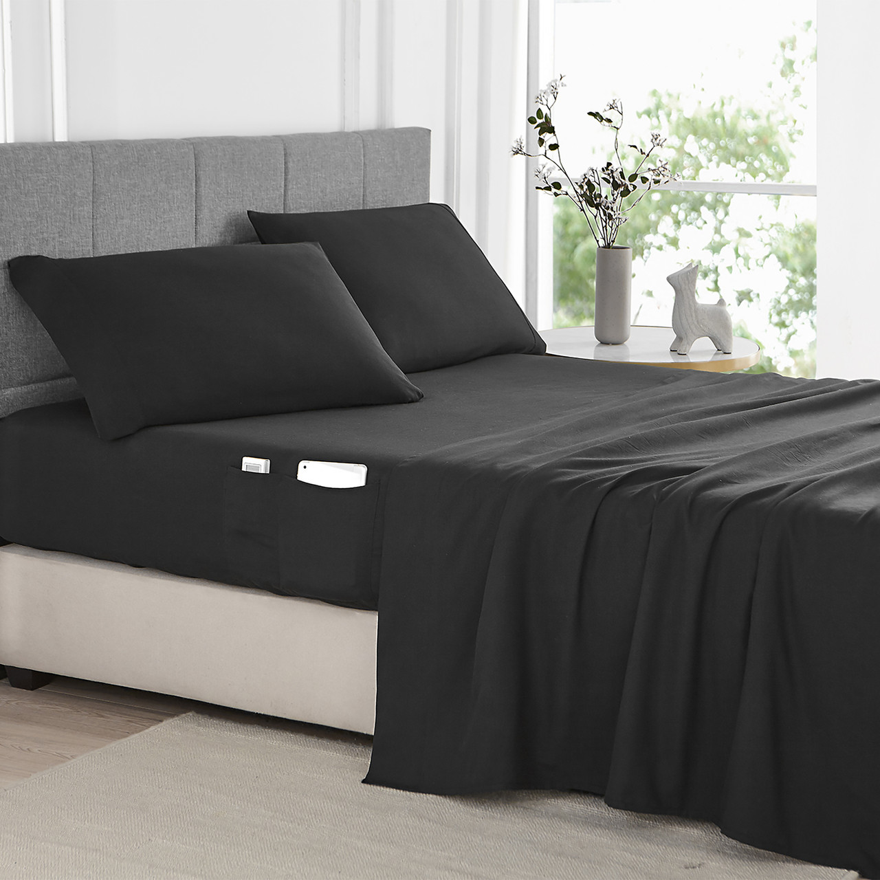 Bedside Pocket Queen Sheet Set Supersoft Black