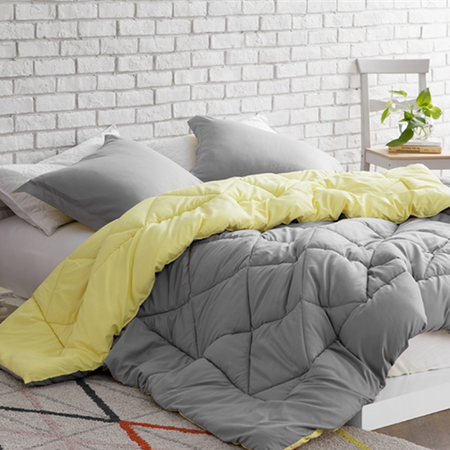 Limelight Yellow/Alloy Reversible Full Comforter  - Oversized Full XL Bedding