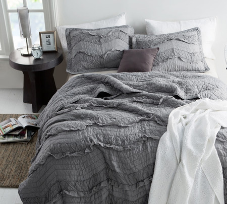 BYB Relaxin' Chevron Ruffles Quilt - Single Tone Alloy - Oversized Queen XL (Includes 2 Shams)