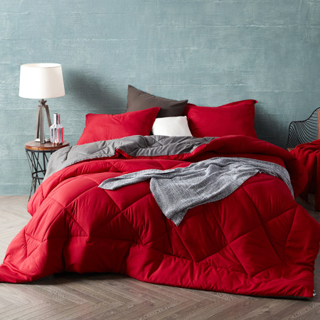 Cherry Red/Granite Gray Twin Comforter  - Oversized Twin XL Bedding