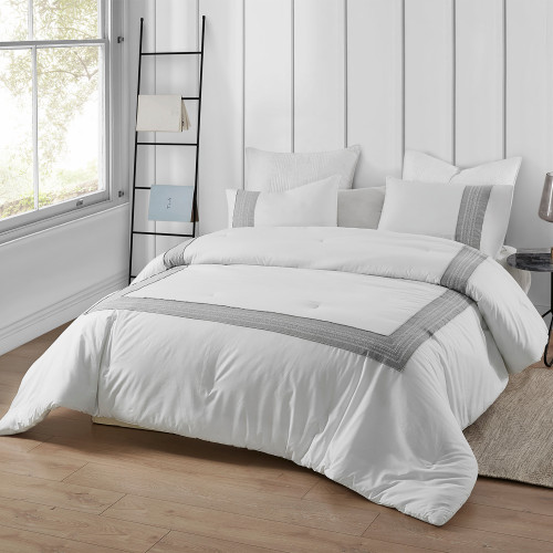 Classic Style Queen Bedding Essentials White Queen Oversized Comforter with Textured Gray Border Design