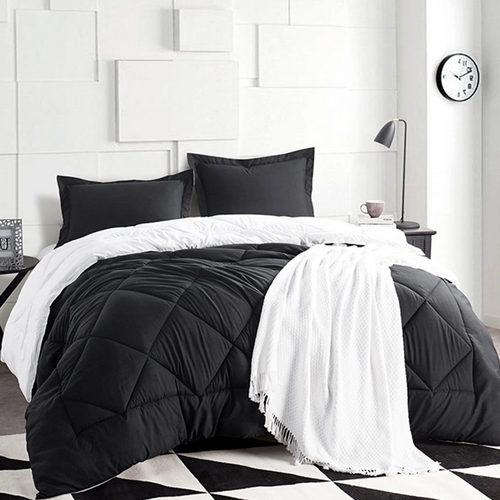 Machine Washable Twin Oversized Bedspread Reversible Teen Bedding White and Black Microfiber Comforter