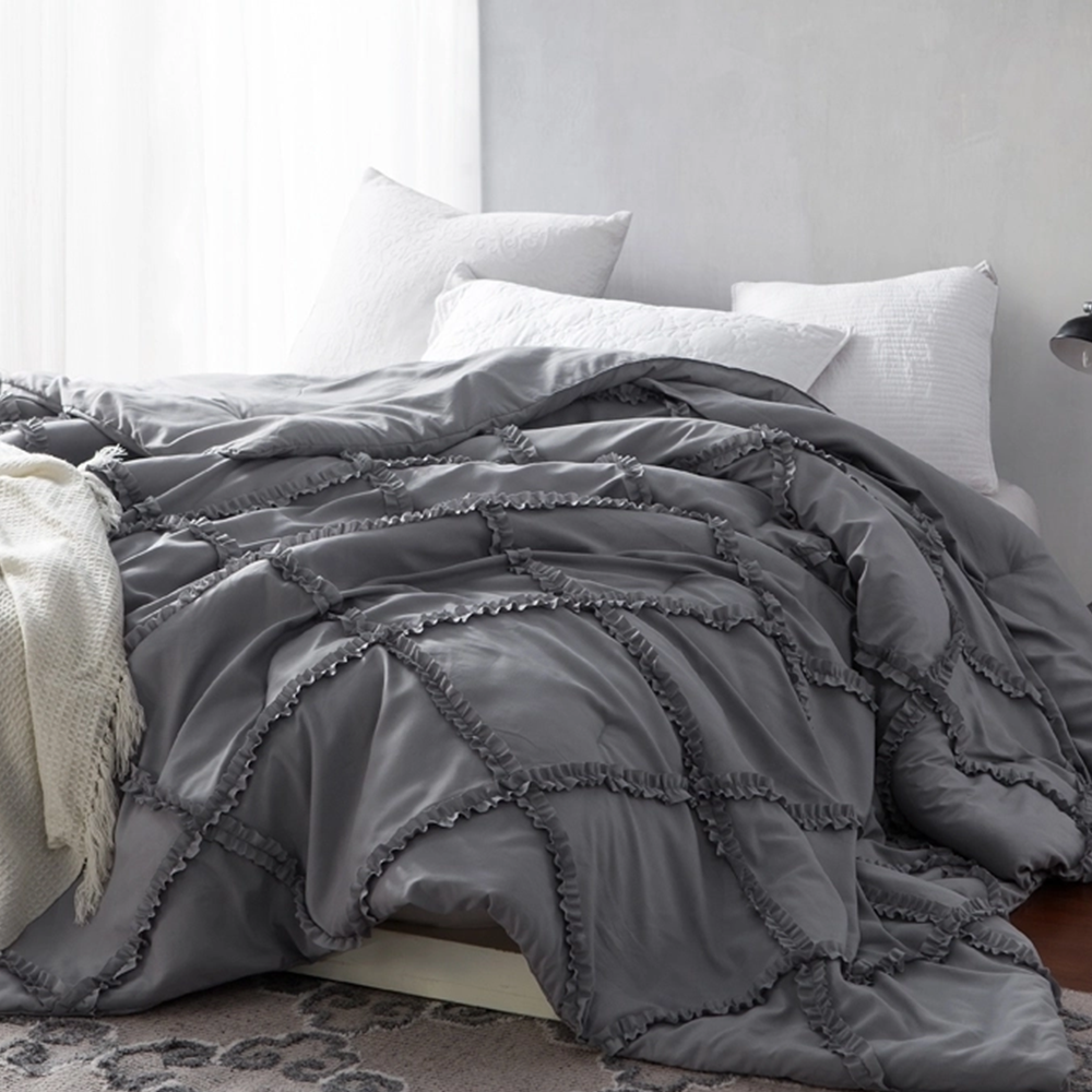 Medium Gray Queen Extra Large Microfiber Comforter with Unique Textured Ruffle Design