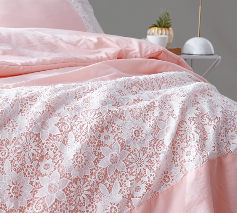 100% Cotton King Extra Large Duvet Cover Beautiful King XL Pink Bedding with Gorgeous White Lace Design