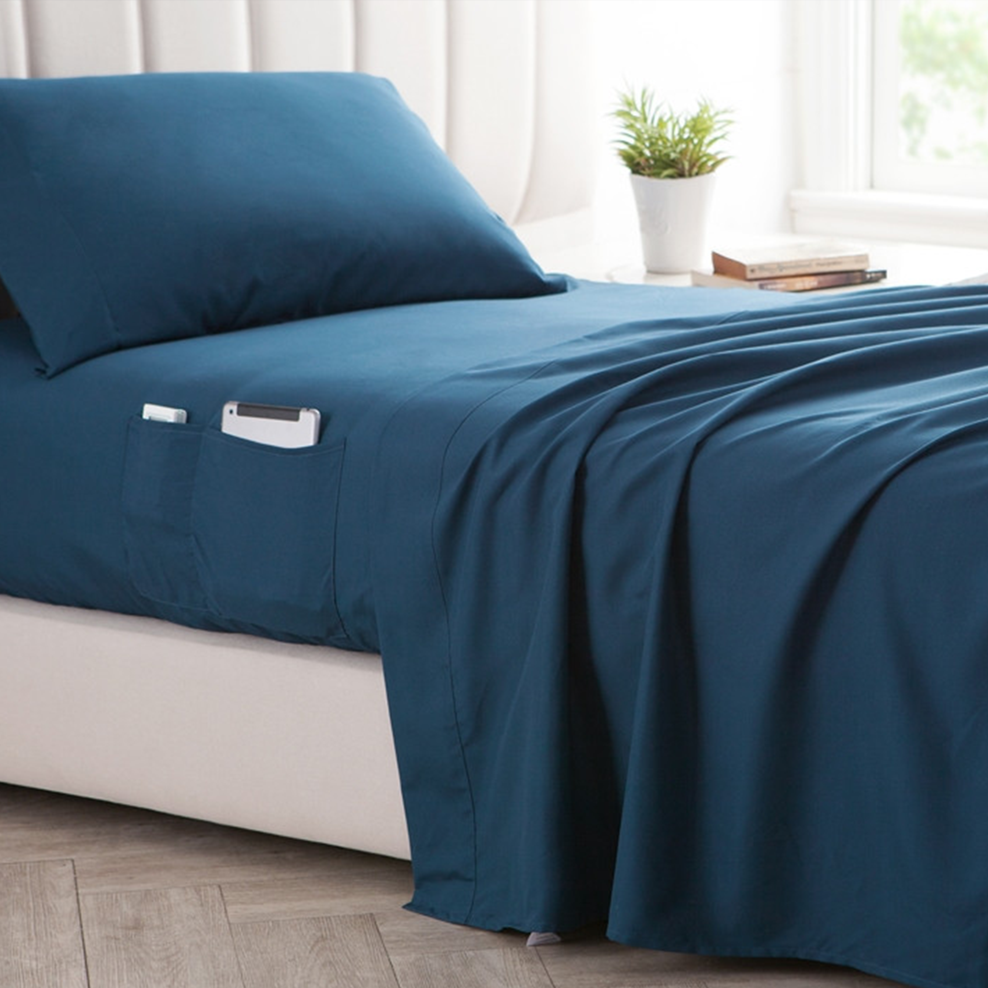 Unique Bedside Pocket Bedroom Storage with Super Soft Microfiber Navy Blue Twin Extra Large Sheet Set